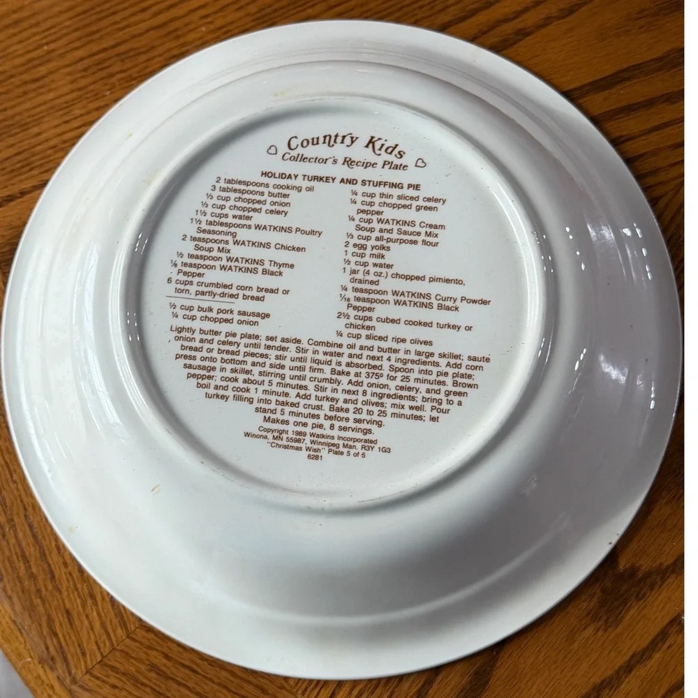 Watkins‎ Country Kids Collector Recipe Pie Plate Holiday Turkey & Stuffing 5/5